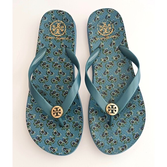 Tory Burch Shoes - Tory Burch Flip Flops Cornflower Blue Printed Insole Gold Logo 1/2" Strap 9M